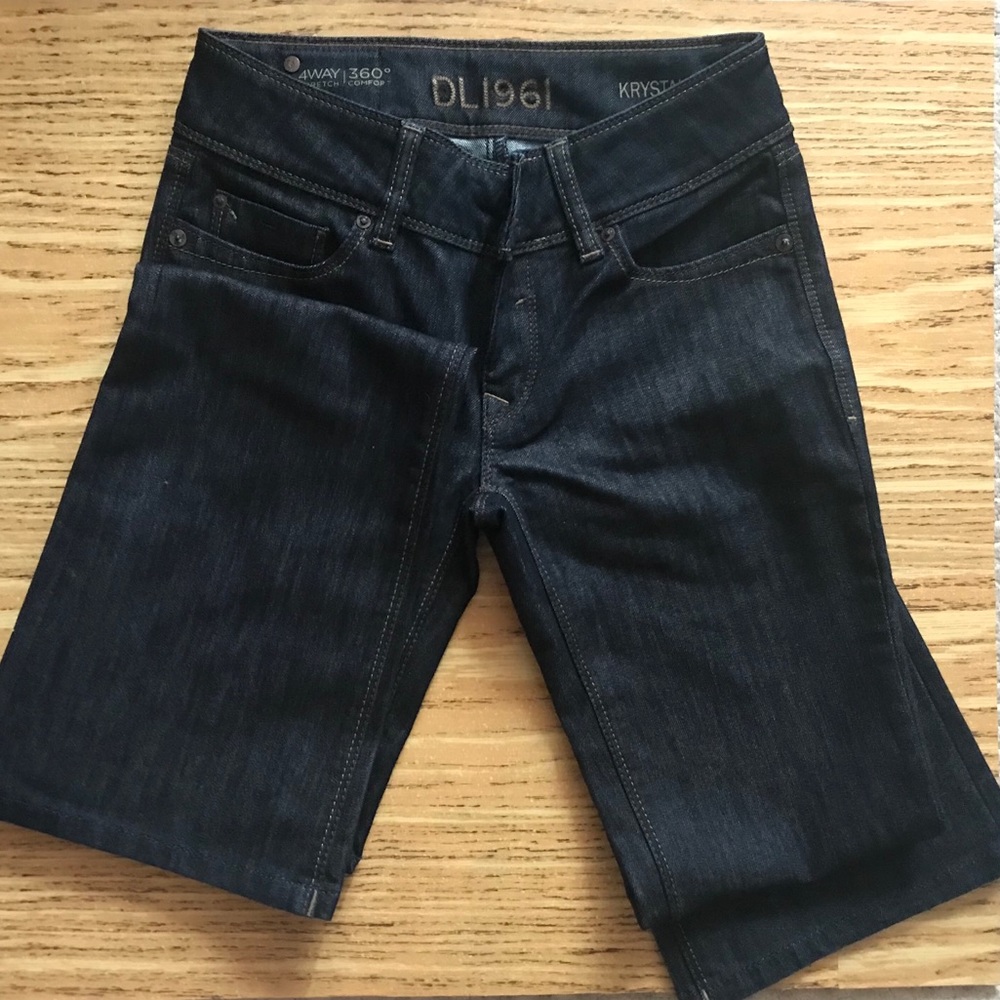 Long dark wash denim boot cut jeans size 24